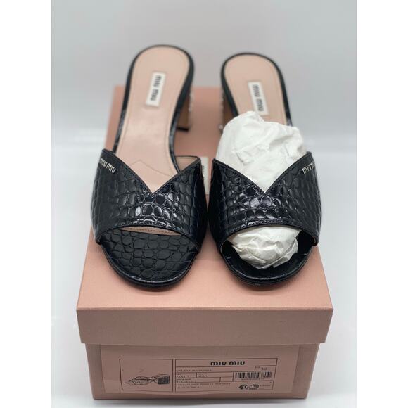 Miu Miu Black Embossed Croc Crystal Embellished Heel Slide Sandals. 39 eu (9 us) - Picture 4 of 8
